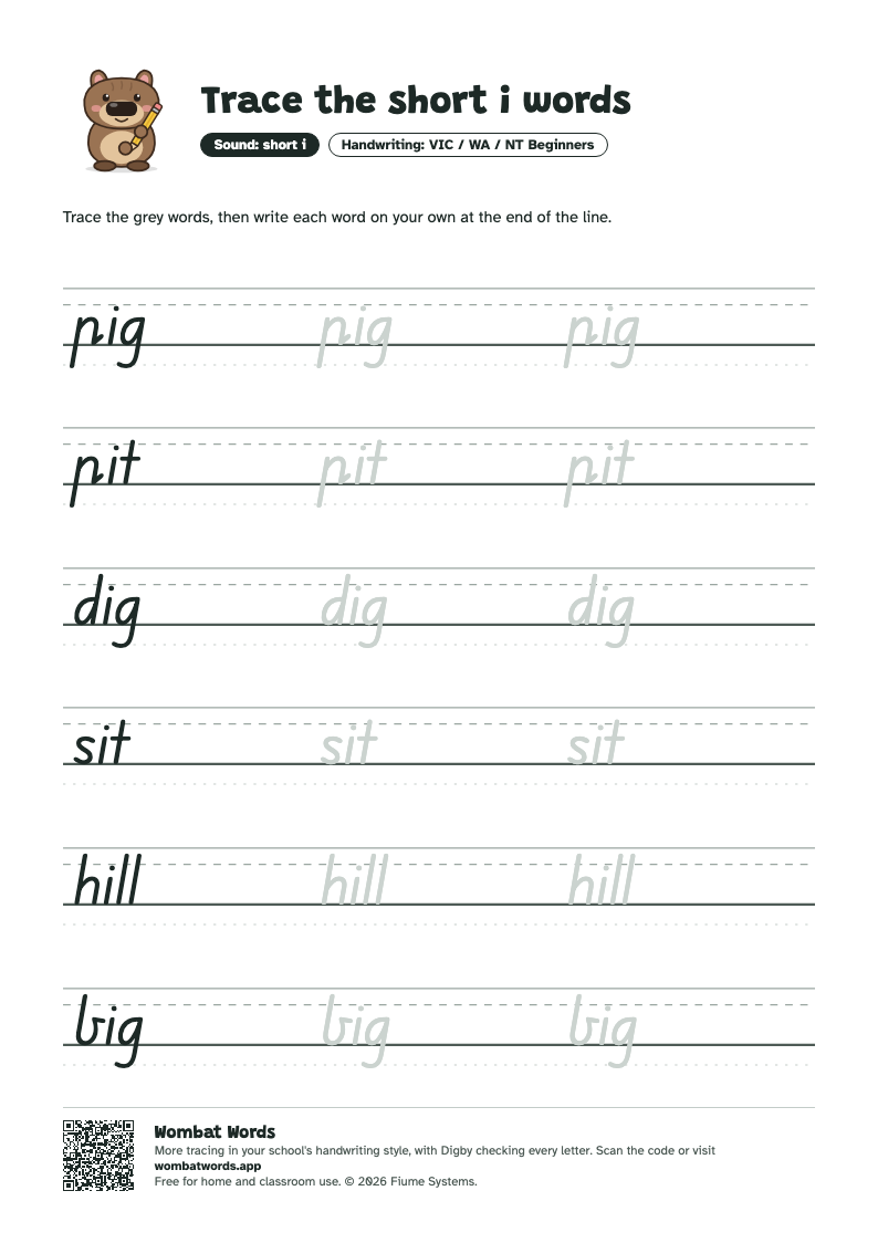 Page 2: VIC / WA / NT Beginners tracing sheet with the words pig, pit, dig, sit, hill, big