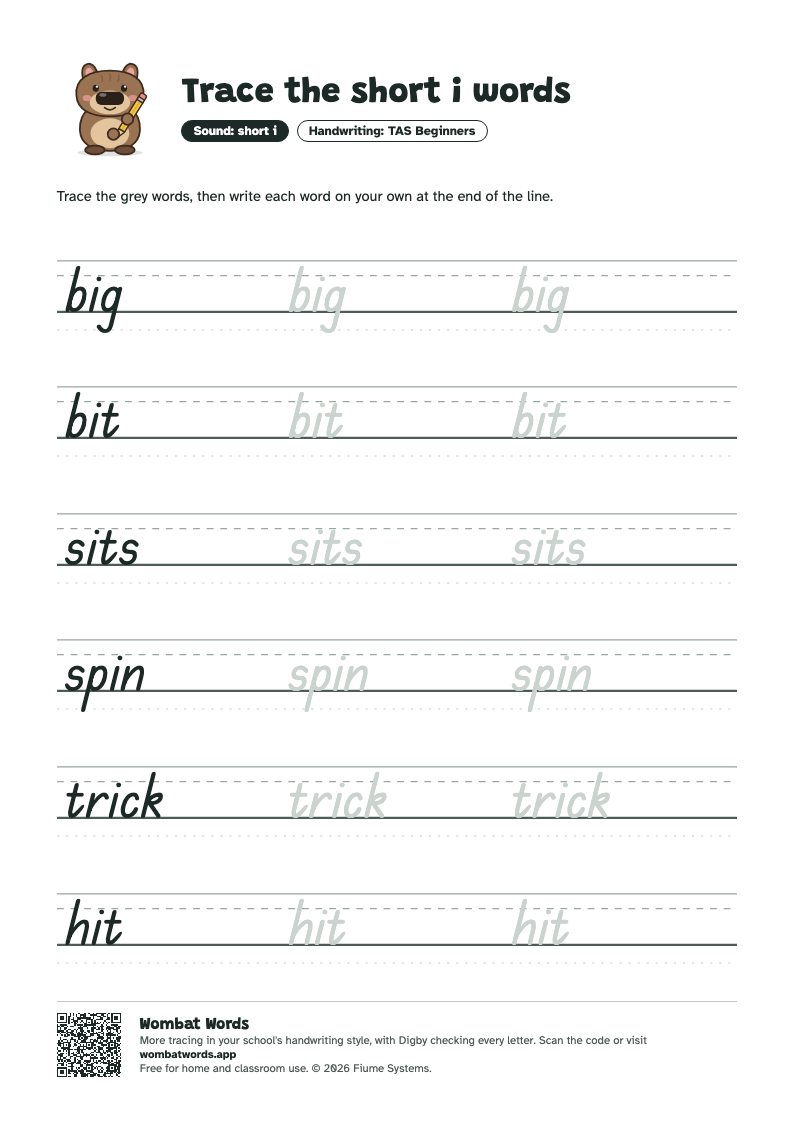 Page 2: TAS Beginners tracing sheet with the words big, bit, sits, spin, trick, hit