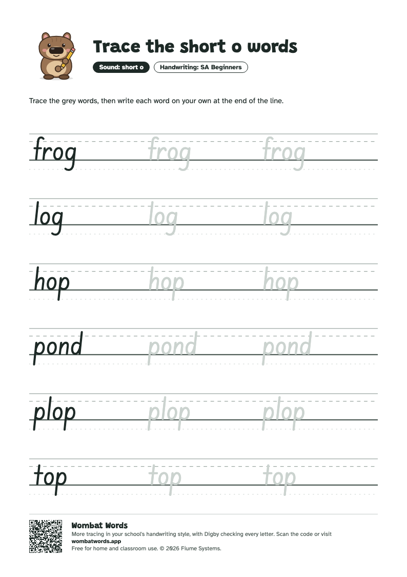Page 2: SA Beginners tracing sheet with the words frog, log, hop, pond, plop, top