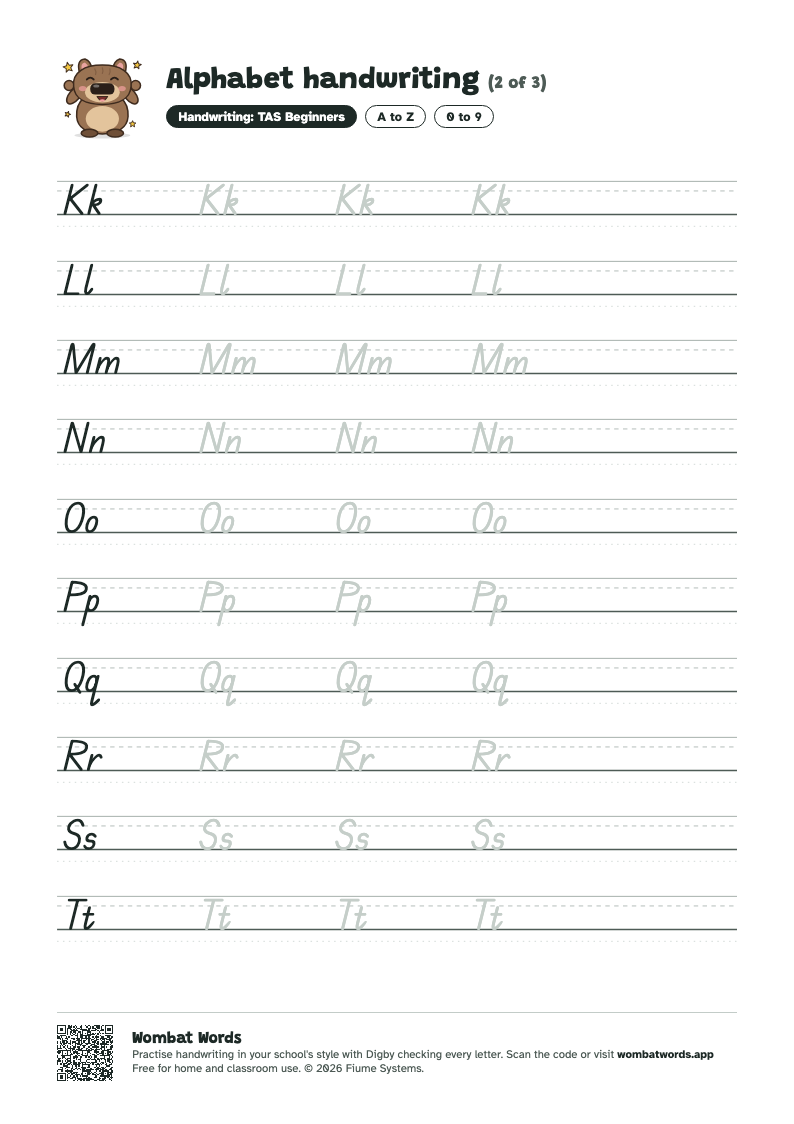 Page 2 of the Alphabet handwriting worksheet