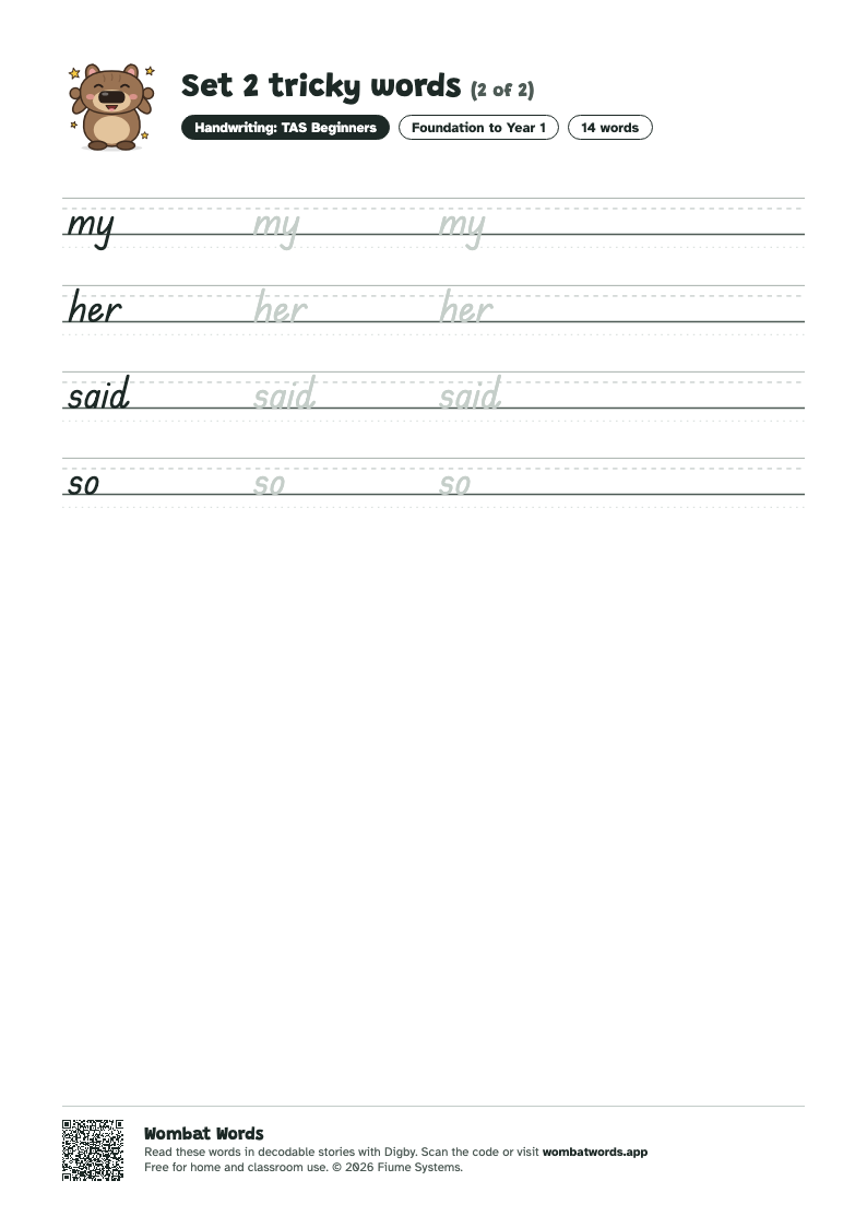 Page 2 of the Set 2 tricky words worksheet