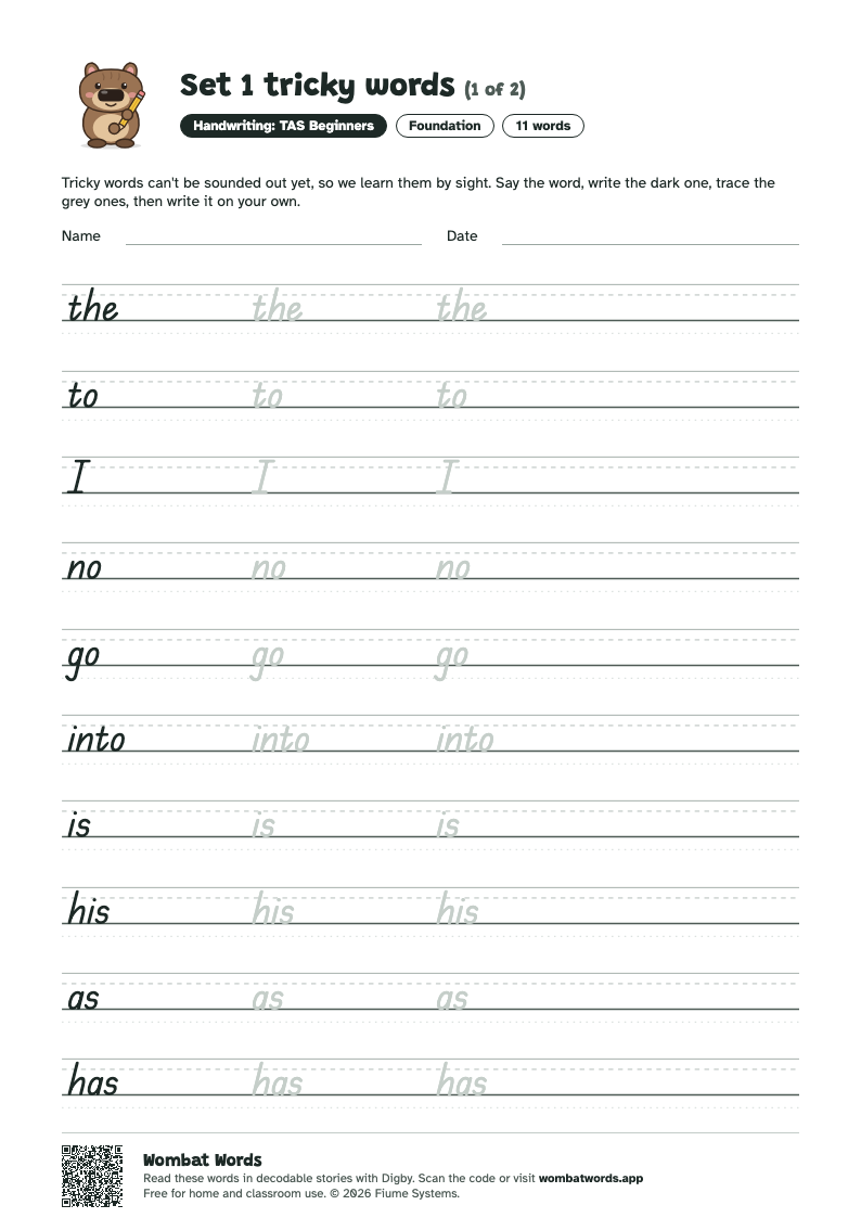 Set 1 tricky words worksheet in TAS Beginners handwriting