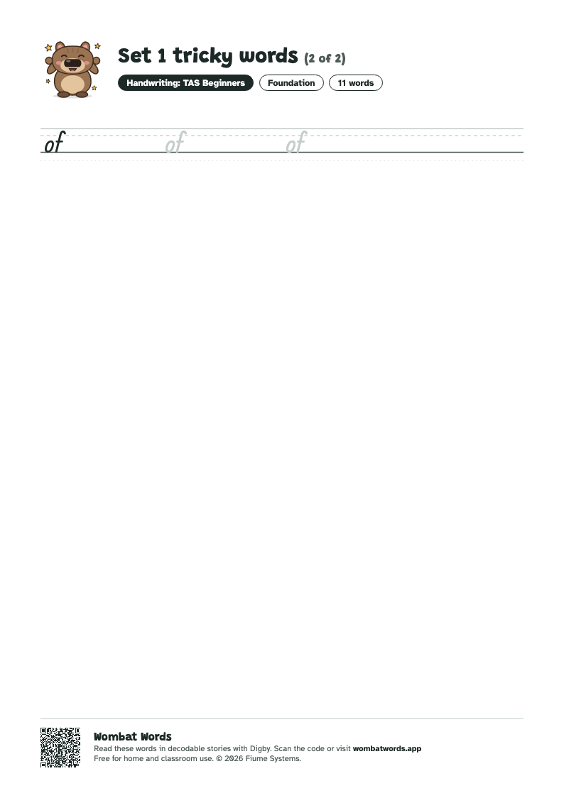 Page 2 of the Set 1 tricky words worksheet