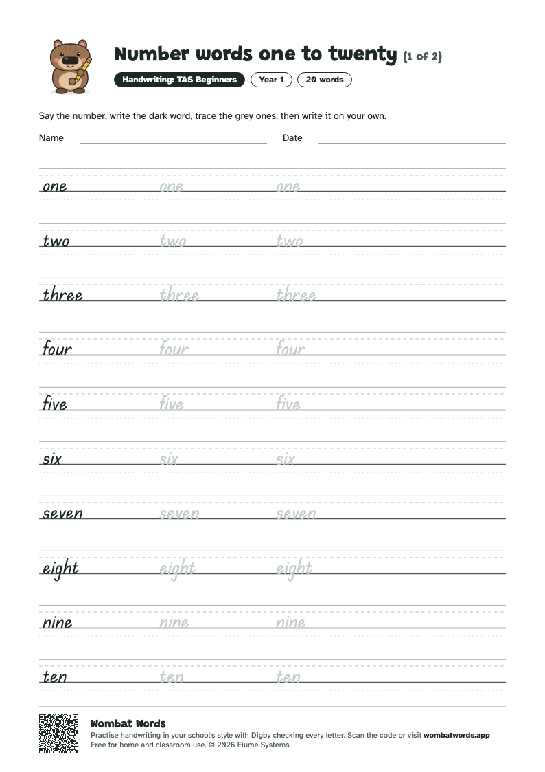 Number words one to twenty worksheet in TAS Beginners handwriting