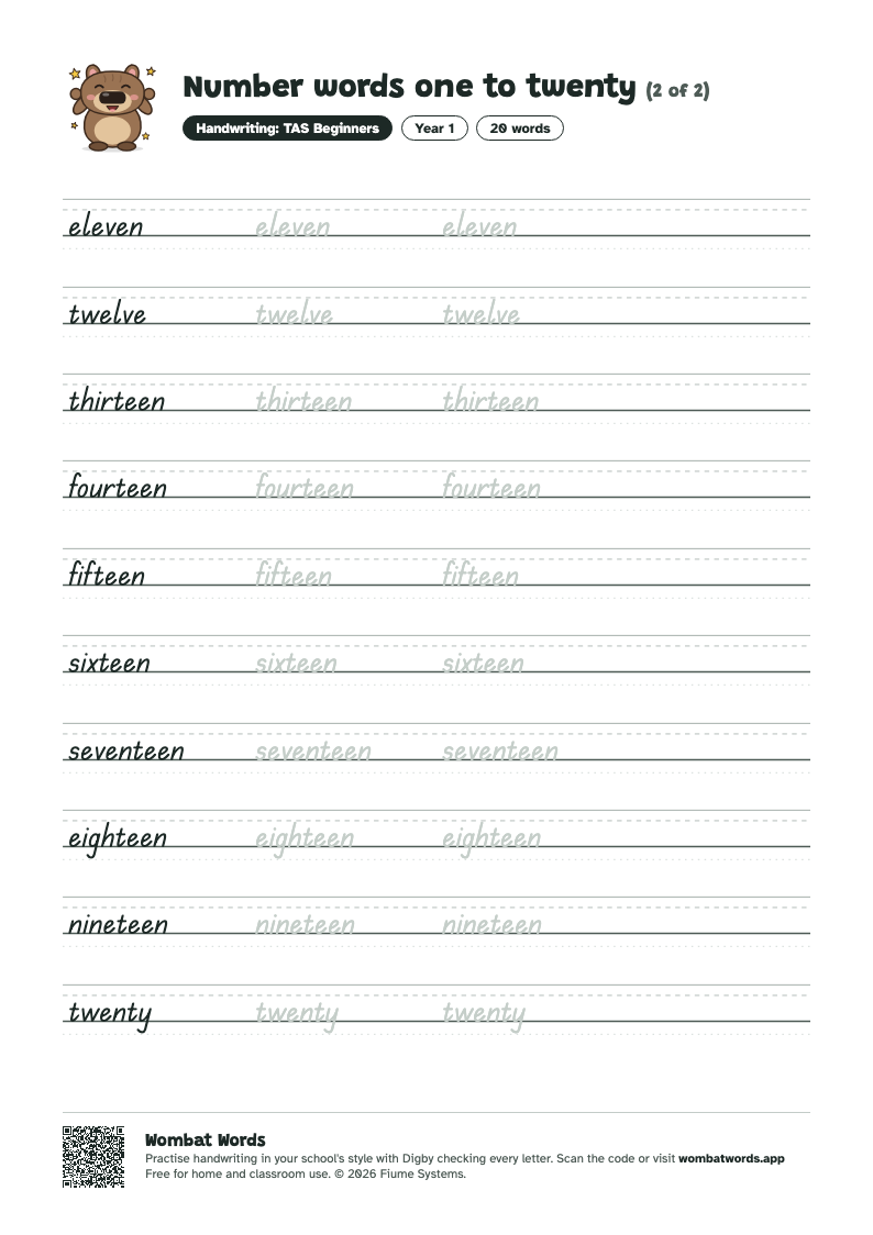 Page 2 of the Number words one to twenty worksheet