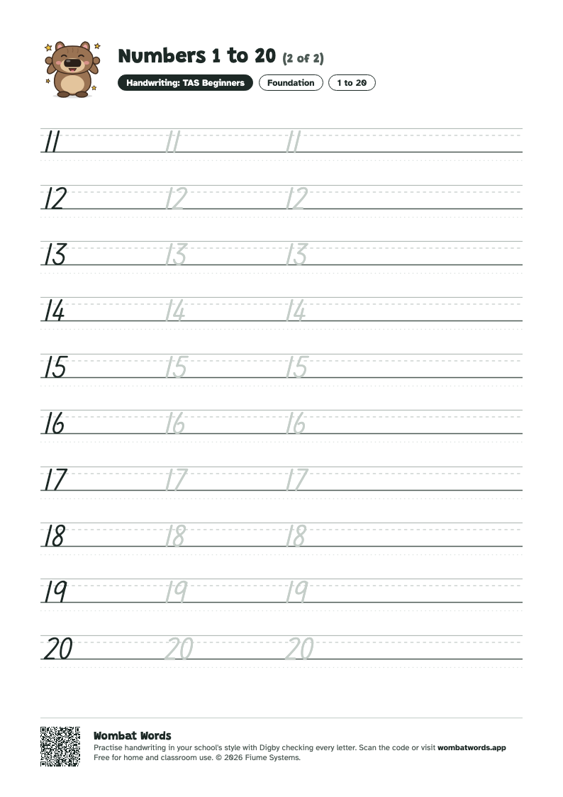 Page 2 of the Numbers 1 to 20 worksheet