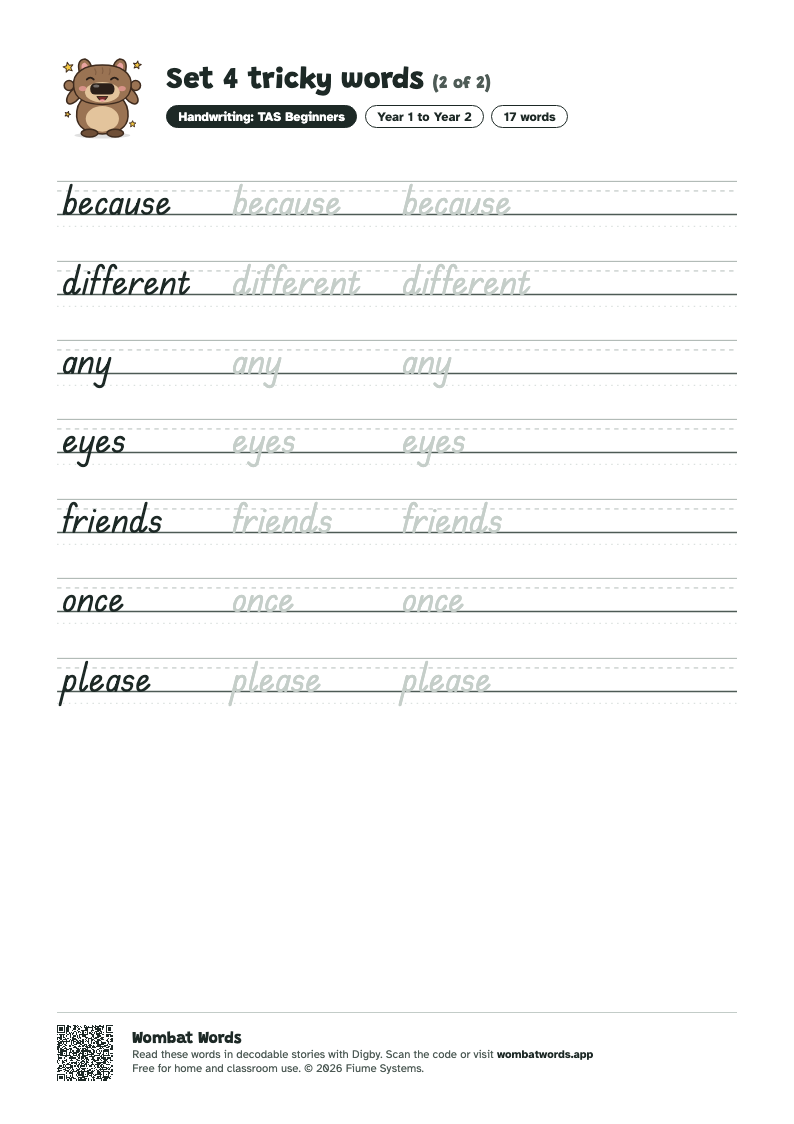 Page 2 of the Set 4 tricky words worksheet