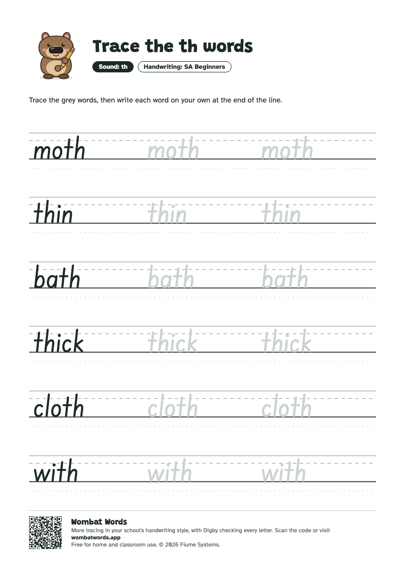 Page 2: SA Beginners tracing sheet with the words moth, thin, bath, thick, cloth, with