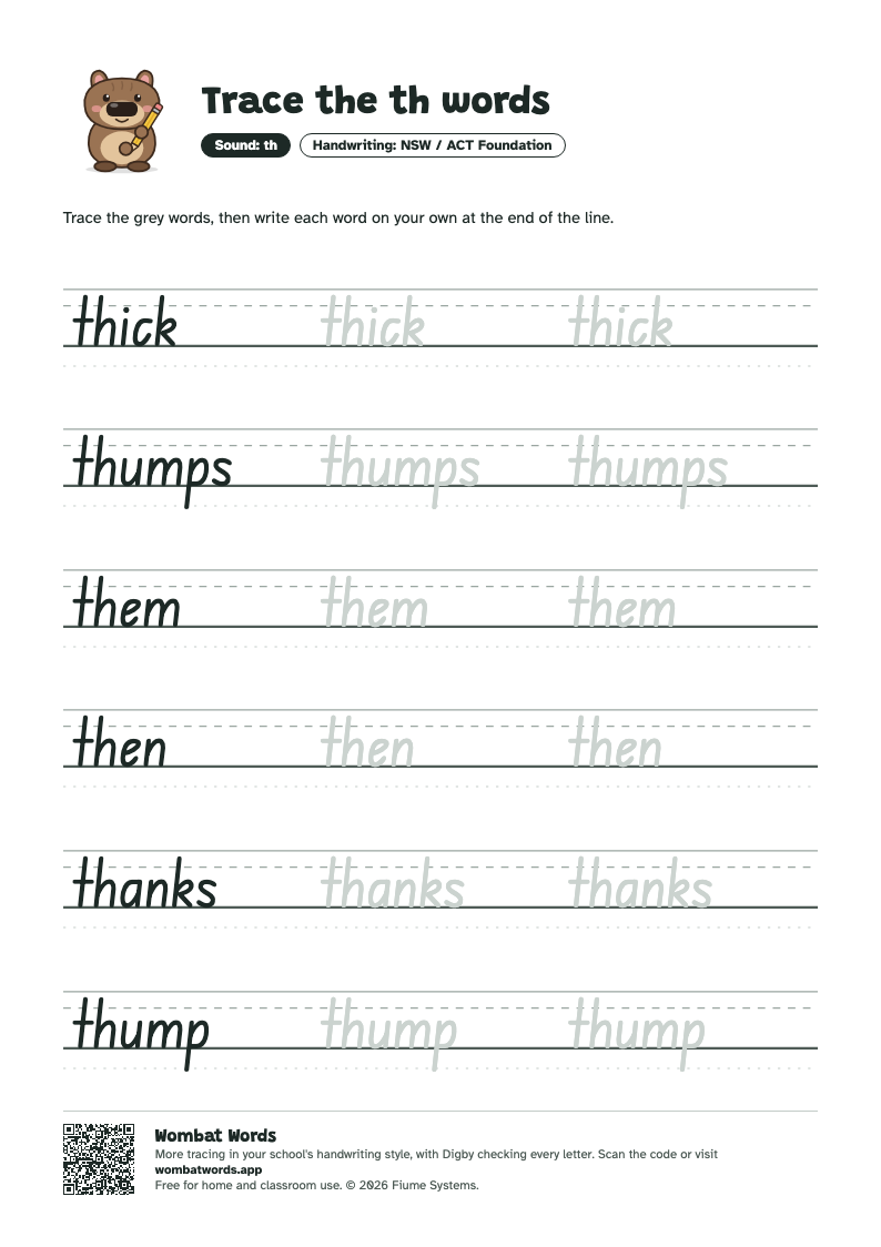 Page 2: NSW / ACT Foundation tracing sheet with the words thick, thumps, them, then, thanks, thump