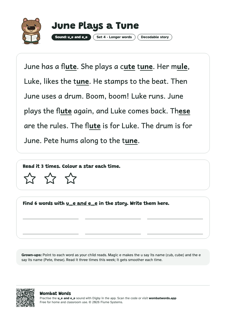 June Plays a Tune: u_e and e_e decodable story printable