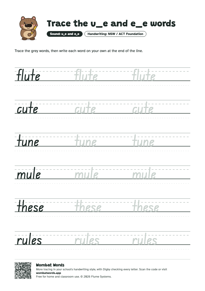 Page 2: NSW / ACT Foundation tracing sheet with the words flute, cute, tune, mule, these, rules