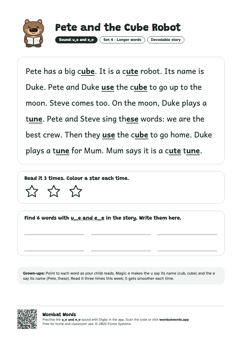 Pete and the Cube Robot: u_e and e_e decodable story printable