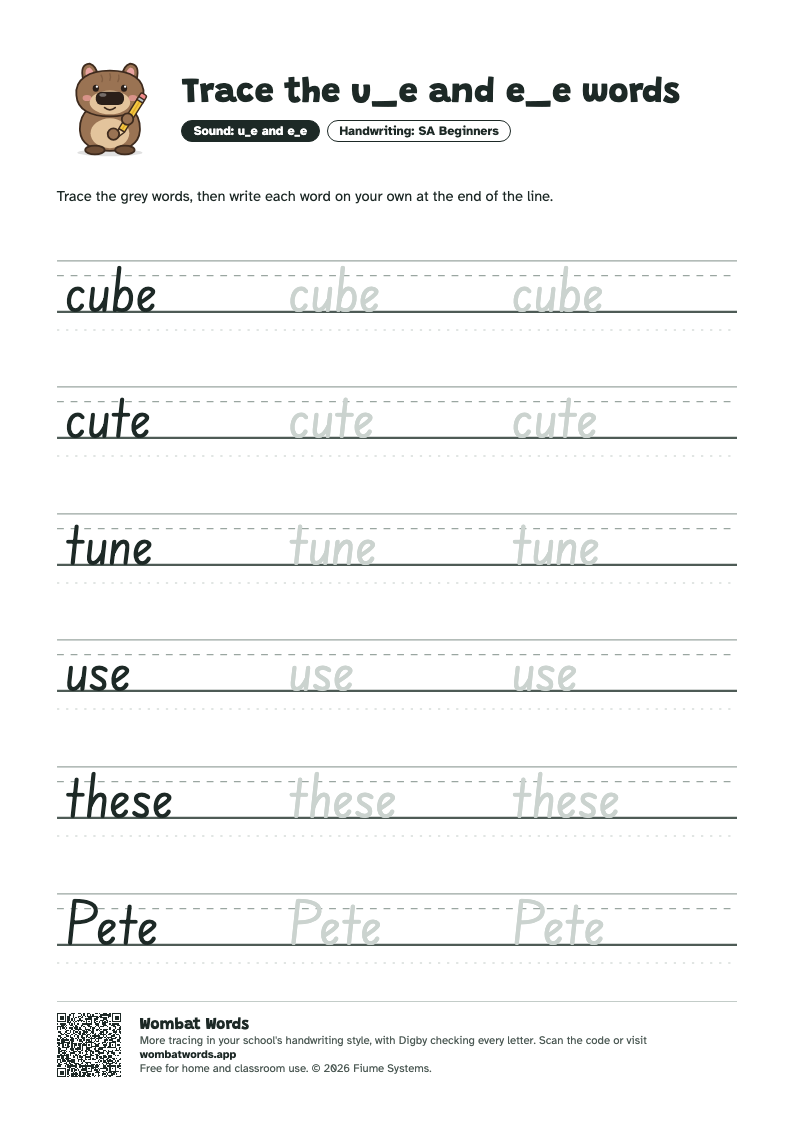 Page 2: SA Beginners tracing sheet with the words cube, cute, tune, use, these, Pete