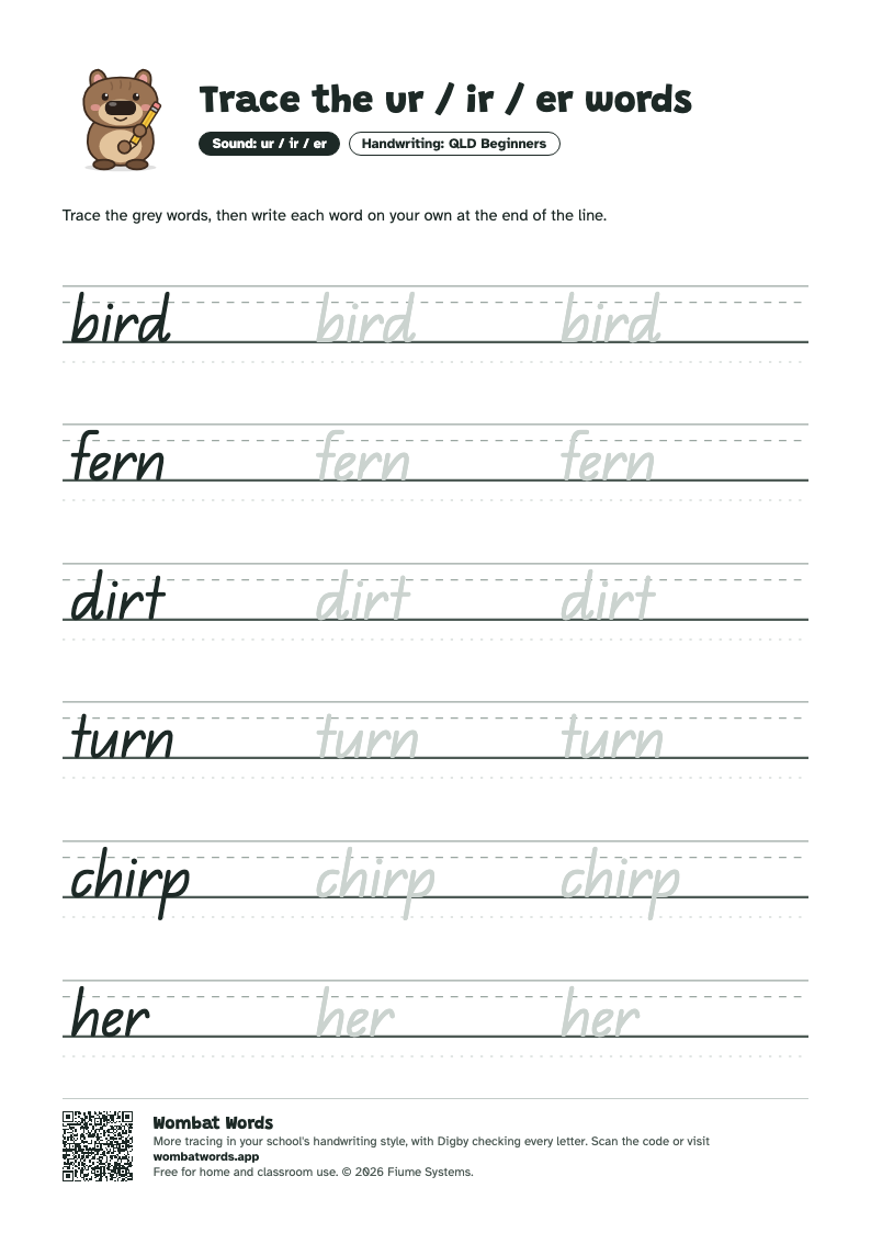 Page 2: QLD Beginners tracing sheet with the words bird, fern, dirt, turn, chirp, her