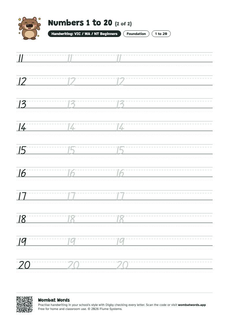Page 2 of the Numbers 1 to 20 worksheet
